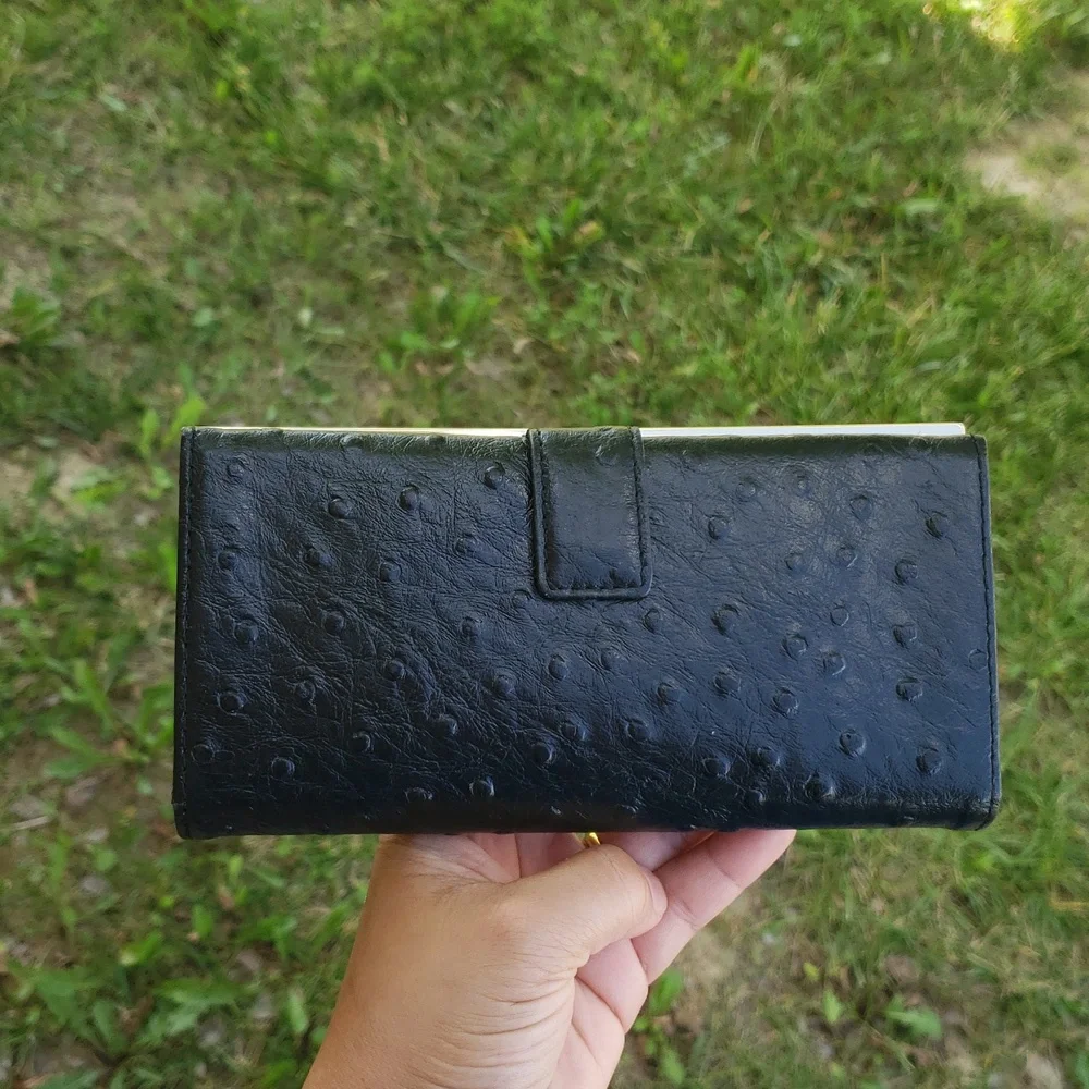 Antonio Melani Womens Cowhide Leather Ostrich Embossed Bifold Long Wallet Black